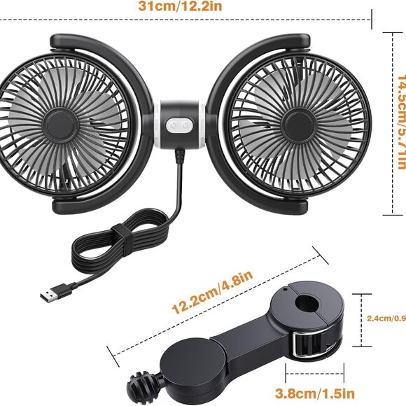 Dual Car Cooling Fans for Backseat 3 Speed Separate Controlled Quiet Brushless - Picture 6 of 9